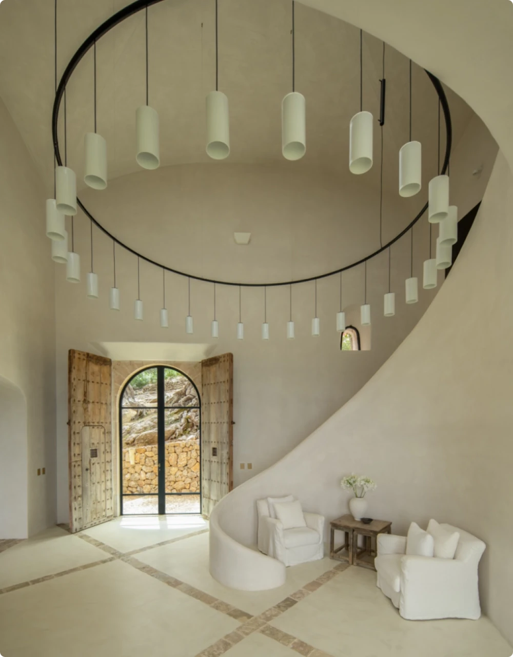 Stair case with a chandelier
